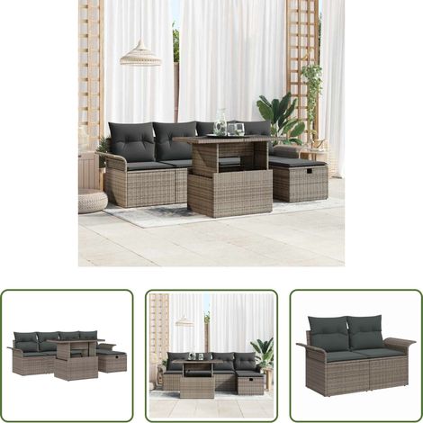 Gartentisch - Gartensofa-set mit Kissen mit Speicher 6 pcs Grau Poly-Rattan (1/5)