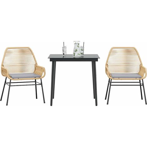 3-tlg. Garten-Essgruppe mit Kissen Braun Poly Rattan Glas