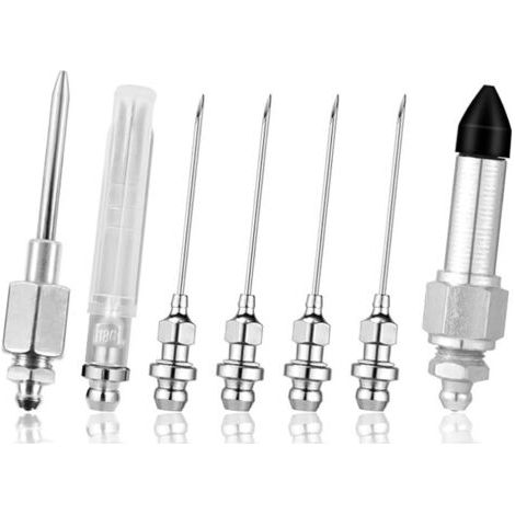 7-teiliges Fettpumpen-Nadelset, bestehend aus 4 Fettdüsen, 2 Fettspendern, 1 Gumminippeladapter und Fettinjektor für kleine und beengte Räume