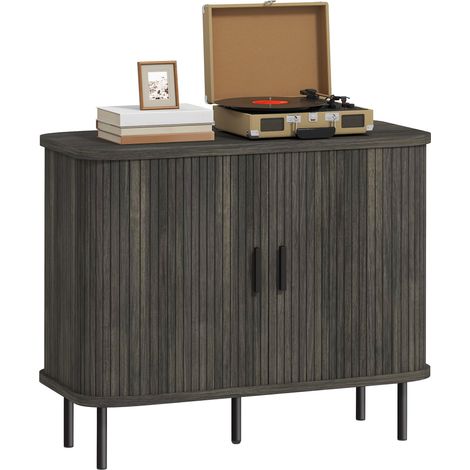 Mid-Century Modern Sideboard Storage Cabinet with Slatted Tambour Sliding Doors, Kitchen Cabinet with Steel Legs, Grey (1/5)