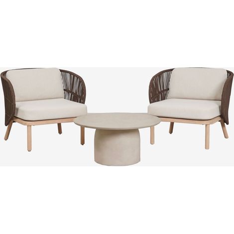 Ensemble de salon avec 2 fauteuils en corde tressée Capri et table basse ronde Ø75 cm en ciment Layana SKLUM Marron Chocolat (1/5)