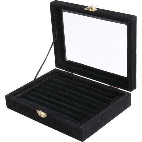Boîte de Rangement en Velours avec Couvercle en Verre pour Bijoux Bagues Boucles d'Oreilles Noir