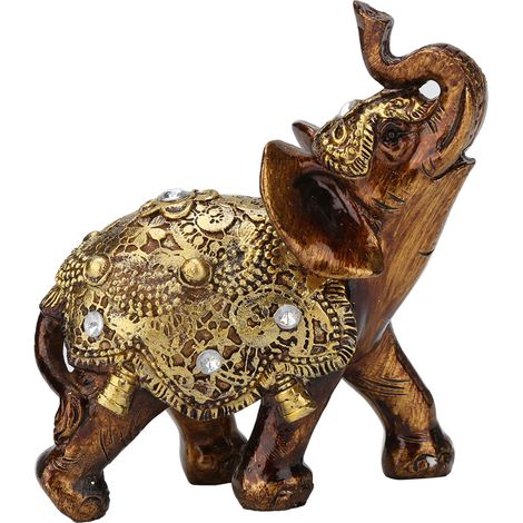 Élégante décoration résine forme éléphant, veinage bois style européen, ornement artisanal pour meuble TV, salon, maison, couleur or. (1/5)