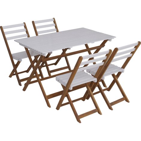 Set da esterno HHG-065, salottino da giardino con tavolo e 4 sedie, pieghevole in legno di acacia, naturale-bianco