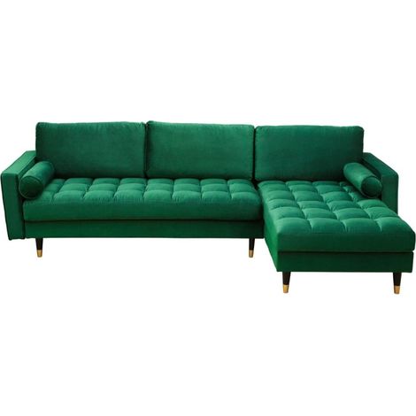 Sofá de esquina KOLIRI verde esmeralda – 4 plazas – Ángulo derecho – Sofá de diseño en terciopelo y madera maciza