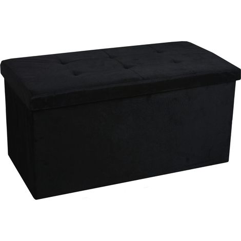 Hobag – Coffre de rangement pouf pliable en velours noir 76cm – Assise amovible pour accès au rangement – Dimensions 76 x 38 x 38cm