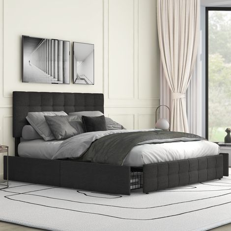 REDOM Lit coffre 140x200 cm tête capitonnée lin 4 tiroirs lattes acier noir (Sans matelas) (1/5)