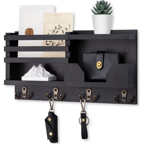 Porte-courrier et porte-clés mural, organisateur d'entrée avec étagère – Bois de paulownia avec 4 crochets doubles
