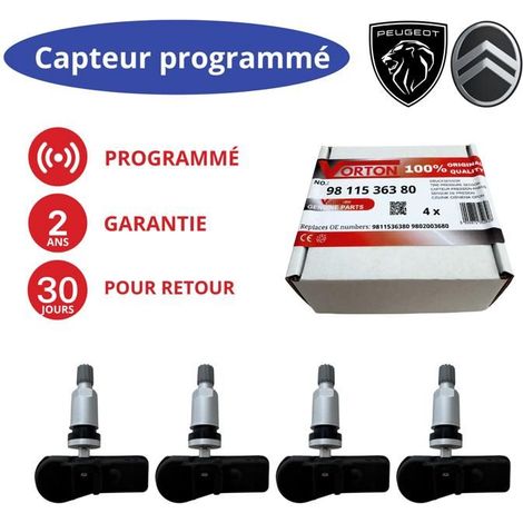 4 sensori TPMS programmati 433MHz per Peugeot / Citroën — rif. 9811536380, 9802003680
