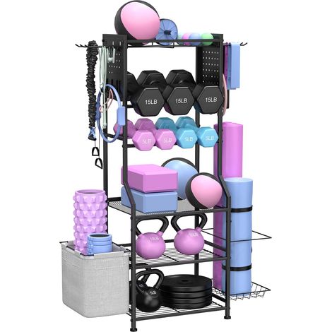 Support d'haltères, rangement de salle de sport à domicile pour kettlebells, tapis de yoga et équipement de musculation, support de poids avec organiseur de panneau perforé, rangement d'équipement de (1/5)