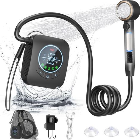 4 Modes Douche Camping,Douche Portable,Kit Douche de Camping,Pompe de Douche Électrique Rechargeable,avec Afficheur Intelligent et Pomme de Douche pour Extérieure,Camping