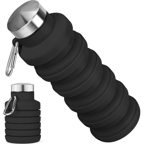 Gourde Pliable 500ml,Bouteille d'Eau Silicone Repliable Étanche pour Voyage, Randonnée, Sport Sans BPA avec Mousqueton Noir (1/5)