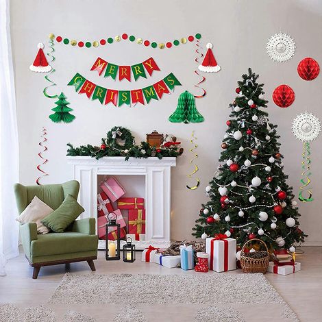 Ensemble de bannières de Noël joyeuses, éventails en papier « Joyeux Noël », fleurs rouges et vertes (1/4)
