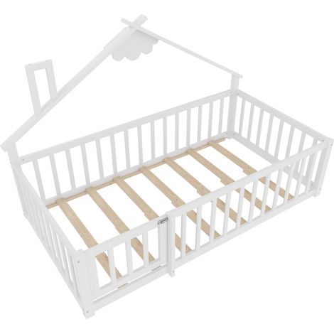 Lit Cabane 90×190 cm, Lit Simple Enfant avec Barrière Verrouillable, pour Enfant, sans Matelas, Blanc (1/4)