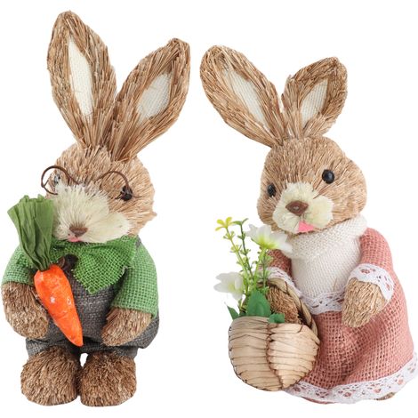 25 cm großes Paar handgefertigter Osterhasenfiguren aus Stroh, stehend, für Zuhause, Tisch und Garten, im Paar-Design, 4 (1/3)