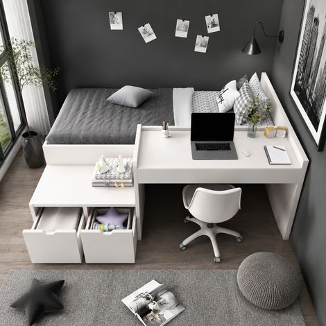 DESMIU Lit Combiné 1 Place avec Bureau, 2 Tiroirs et Rangement 90 × 200 cm, Sans Matelas, en Bois Massif et MDF Blanc (1/5)