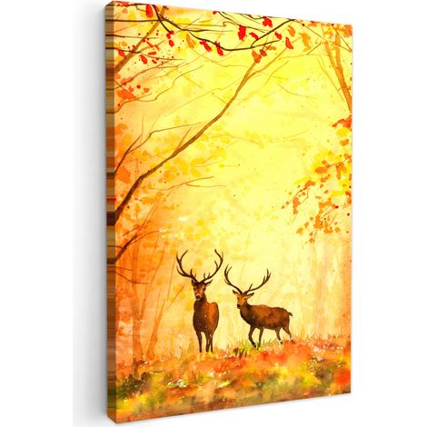 CUADRO EN LIENZO Naturaleza - Óleo - Ciervo - Animales - Otoño - Naranja Decoracion Pared Salon 20x30 cm