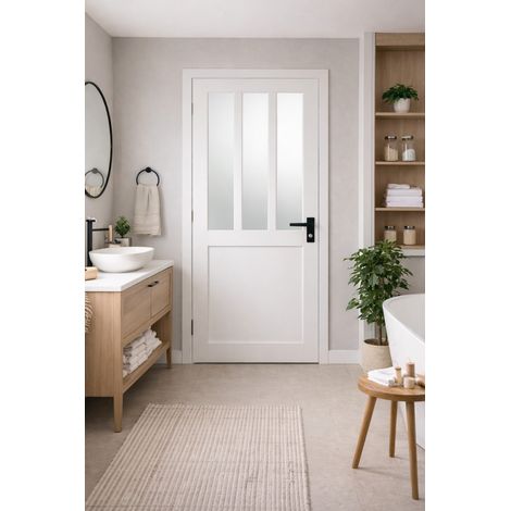 Blocco porta officina BIANCO vetro satinato H204 x L83 spingendo a destra Dimensioni tavolo + maniglia