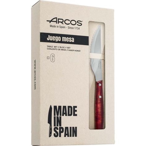 Arcos Serie Forest - Pack 6 uds Cuchillo Chuletero - Hoja Serrada de Acero Inoxidable NITRUM de 110 mm - Mango Madera comprimida Color Rojo
