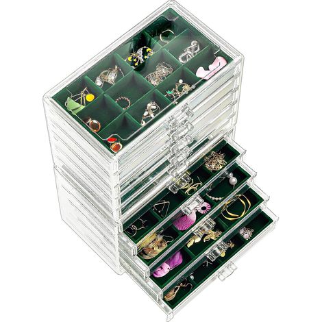 Boîte à Bijoux Transparente, 10 Plateaux Bijoux Tiroir, avec Séparateurs Amovibles, Rangement Bijoux Tiroir Acrylique, Range Boucles d’Oreille Bagues Colliers Bracelets - Emeraude (1/5)