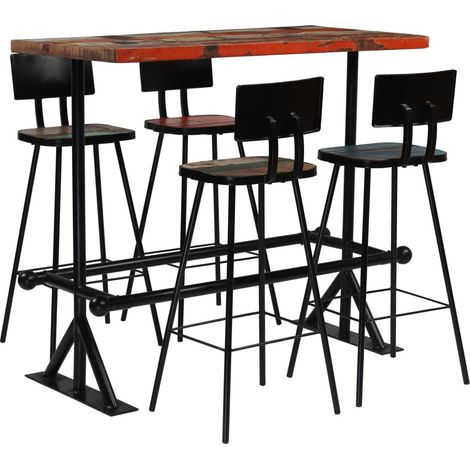 Table de bar rectangulaire bois recyclé massif multi couleurs et 4 tabourets industriel (1/5)
