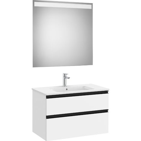 Pack meuble "The Gap" 800 - 2 tiroirs + lavabo slim + miroir LED - blanc mat/poignées noires - Roca (1/2)