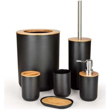 6 Pcs Ensemble d'accessoires de Salle de Bain en Bambou, Ensemble d'accessoires de Salle de Bain, Bouteilles de Lotion, Porte-Brosse à Dents, Tasse à Dents, Porte-Savon, Brosse de Toilette, Poubel (1/4)