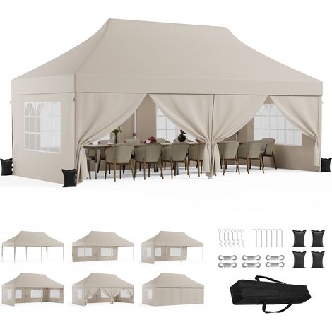 Tonnelle Pliante 3x6m à Toit Pointu|Design Breveté, +40% Résistant au Vent & à la Pluie|Hauteur Intérieure Supplémentaire, Beige (1/5)