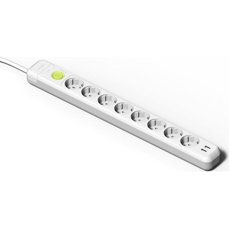 Multiprise 8 Prises + 2 Prises USB + Interrupteur  Câble de 1,5 m  avec TT  16 A  250 V  Blanc  Prise USB de Charge Rapide  Protection Contre Les surtensions