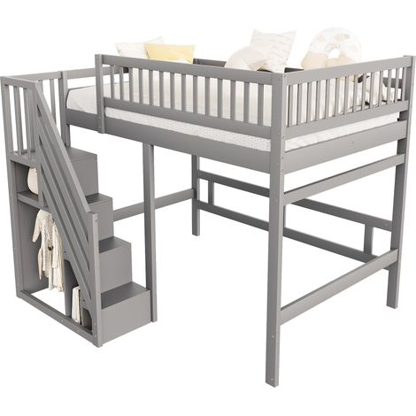 Lit Mezzanine 140 x 200 cm, Lit Double avec Escalier de Rangement et Barrière Haute, sans Matelas, Gris (1/5)