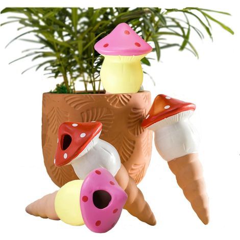 Lot de 4 pics d'arrosage automatique pour plantes en pot en forme de champignon - Dispositif d'irrigation goutte à goutte pour plantes en pot (2 blancs + 2 jaunes) (1/4)