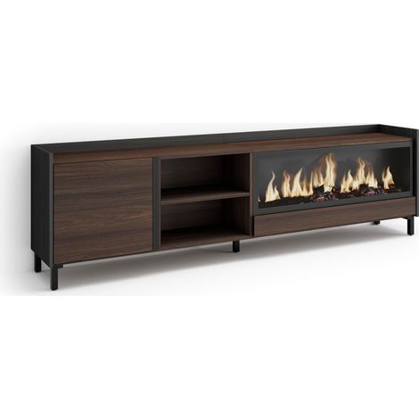 Skraut Home - Mobile TV Soggiorno, Ampio spazio a disposizione, 212x35x61cm, Per TV fino a 80", Camino elettrico XXL, Design industriale, Stile moderno, Rovere scuro e Nero (1/5)