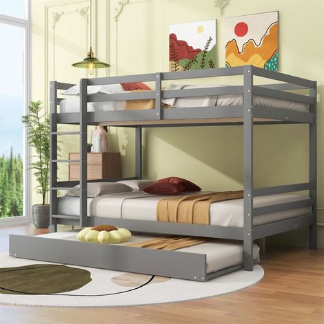 Lit superposé 140x200 cm avec lit gigogne, escalier & barrières, pin+MDF gris - sans matelas