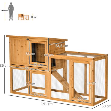 Cage lapin orange sapin 141x60x86cm bac extractible rampe, habitat intérieur extérieur facile à nettoyer pour lapins nains (1/5)