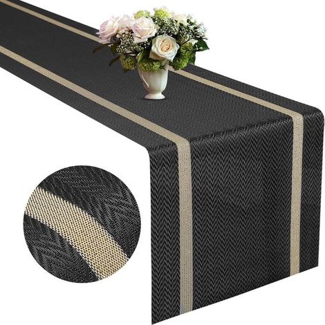 Gewebter Tischläufer aus Vinyl, schwarz mit Goldfaden, 72 x 12 Zoll, hitzebeständig und wasserdicht (1/5)
