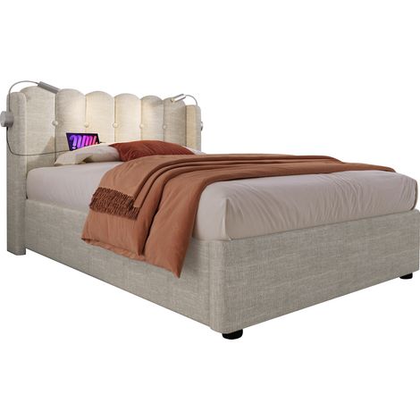 Stauraumbett 90×200 cm, Einzelbett mit 2 USB, Leselampe und Bettkasten, Matratze Inklusive, Leinen Beige (1/5)