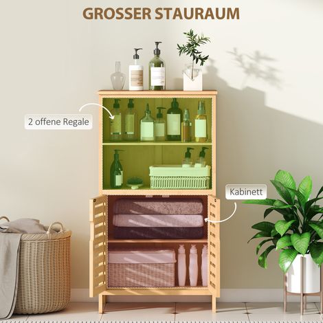 Meuble salle de bain bambou naturel, portes lamellées, 2 tablettes, 1 armoire, 50x29x92 cm (1/4)