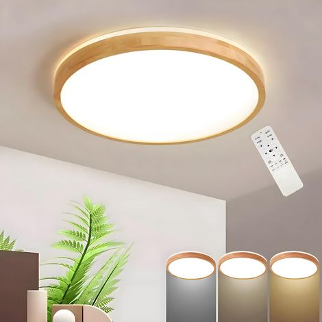 Plafonnier LED Bois Ø50cm 3000-6000K 36W Lampe En Bois Naturel À Dessus Rond Lueur À 360 °, Chambre À Coucher Salon Chambre D'Enfant Cuisine Salle (Intensité Variable Avec Télécommande) (1/5)