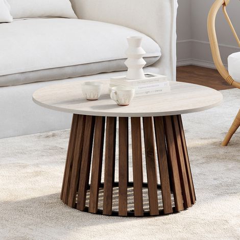 Mesa de centro redonda CARMEN de 70 cm con patas de madera efecto nogal y tablero de travertino (1/5)