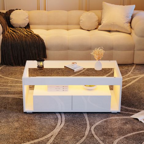 table basse LED 100x50 cm 2 tiroirs verre blanc OKMYHOME (1/5)