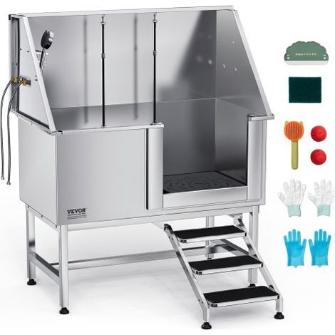 Baignoire de Chien Acier Inoxydable, Baignoire de Toilettage pour Animaux de Compagnie 127 cm Station de Lavage Chat, avec Escalier, Panneau Filtre à Eau, Robinet, Pommeau Douche, Porte Droite (1/3)