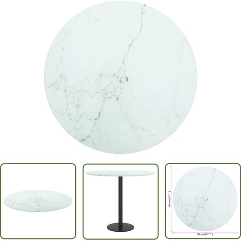 The Living Store Dessus de table blanc Ø50x0,8cm verre trempé avec design marbre - Dessus De Table En Verre Trempé - Plateau De Table - Décoration Intérieure - Meuble Salle À Manger - Design Marbre (1/4)
