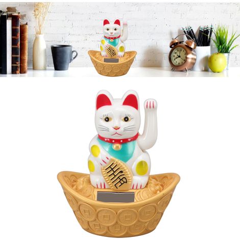[Figura de gato de la suerte] MLY358C Plástico blanco 13,7 x 11,1 x 6,8 cm Maneki solar Neko Cat (1/5)