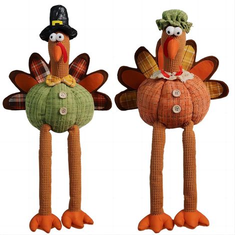 Turkey - 2 Pcs - Standing Plush Figurine - Retractable Spring Legs - Thanksgiving Autumn Home Decor - Green Orange - 19.1 Inch (1/4)