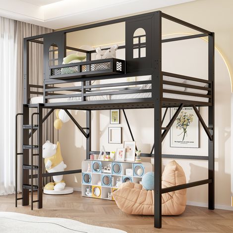 Lit mezzanine 90x200 cm pour enfant, lit cabane en métal avec échelle, étagère et espace de jeu sous le lit, pour chambre enfant - Noir (1/5)