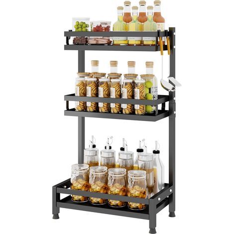 Support à Épices pour Cuisine, Etagère de Stockage d'Épices à 3 Niveaux, Etagère de Stockage d'Épices pour Condiments, Rangement d'Épices, Support de Pot d'Épices avec 3 Crochets, Noir (1/5)