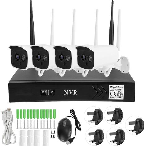 Kit caméra de surveillance sans fil NVR 4CH 1080P IR WIFI P2P 110-240V, prise UK, système de sécurité extérieur. (1/5)