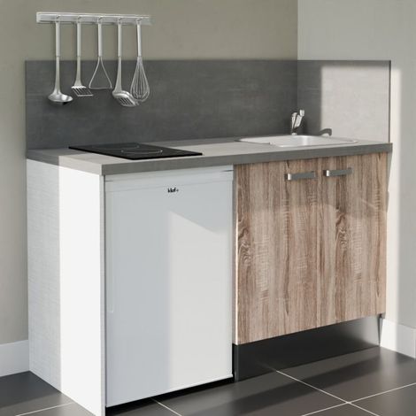 Kitchenette K17L-PT - 140 cm avec plan de travail et évier - Façade Bois - Plan Gris - Evier Inox - Crédences Oui