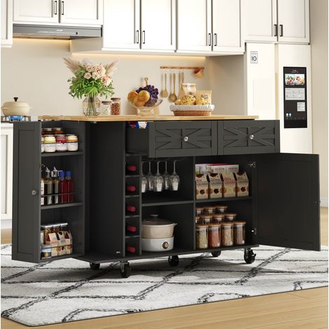 Kücheninselwagen (120x45(70)x89 cm), klappbare Arbeitsplatte, 1 Tür, 2 Schubladen, MDF, Schwarz (1/5)