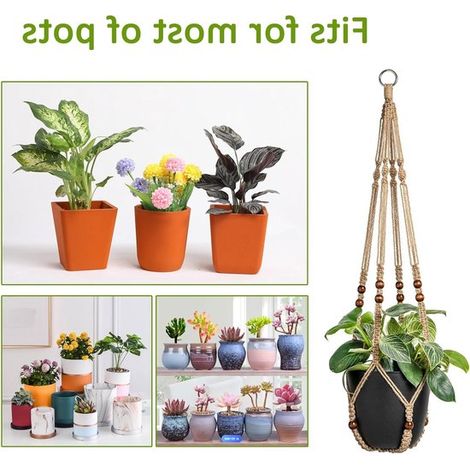 Makramee Pflanzenampel Hängekorb aus Juteseil mit Holzperlen Boho Dekoration Balkon Pflanzgefäß Garten und Wohndekoration Decken und Wandpflanzen (1/5)